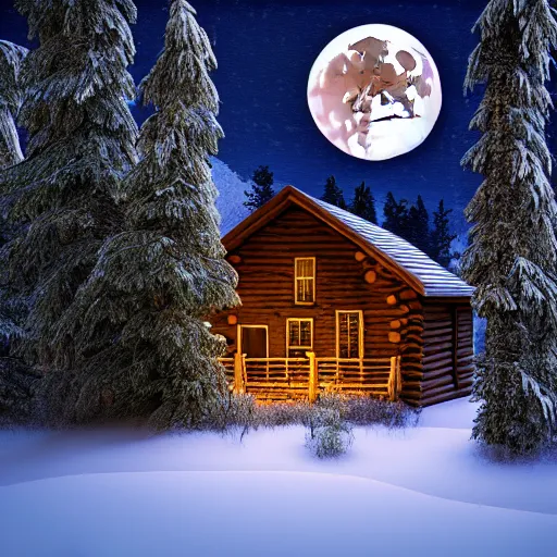 Image similar to Cabin in the woods, photography, nighttime, bright moon, snow, snowy trees, snow storm, Lights from inside the house, raytracing, godrays, smokey chimney, cozy, forest, trees, 8k