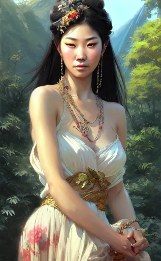 Image similar to a beautiful taiwan goddess with sundress with jewelry | | winter, realistic shaded, unpleasant face, good looking, fine details, realistic shaded lighting poster by greg rutkowski, magali villeneuve, artgerm, jeremy lipkin and michael garmash and macoto takahashi