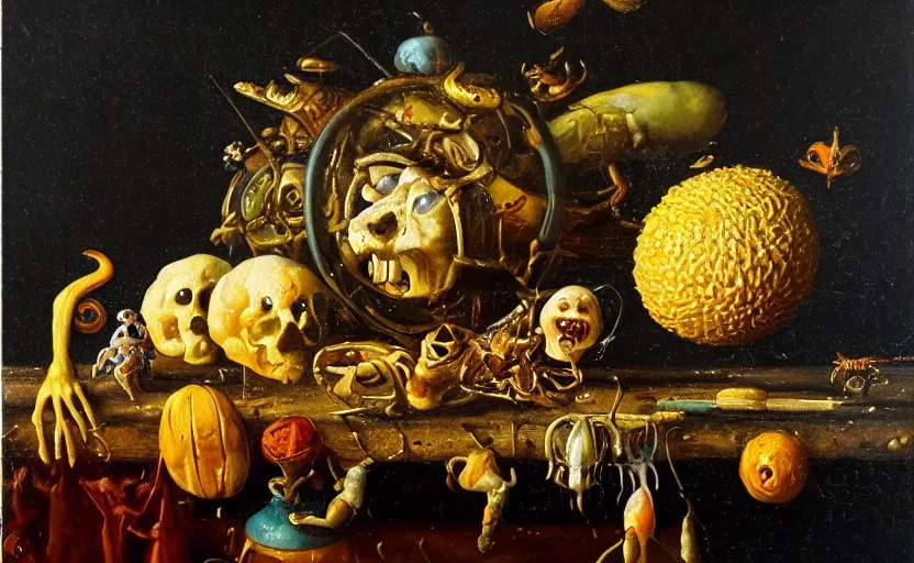 Image similar to disturbing colorful oil painting dutch golden age vanitas still life with bizarre objects strange gooey surfaces shiny metal bizarre insects rachel ruysch dali todd schorr very detailed perfect composition rule of thirds masterpiece canon 5 0 mm, cinematic lighting, photography, retro, film, kodachrome