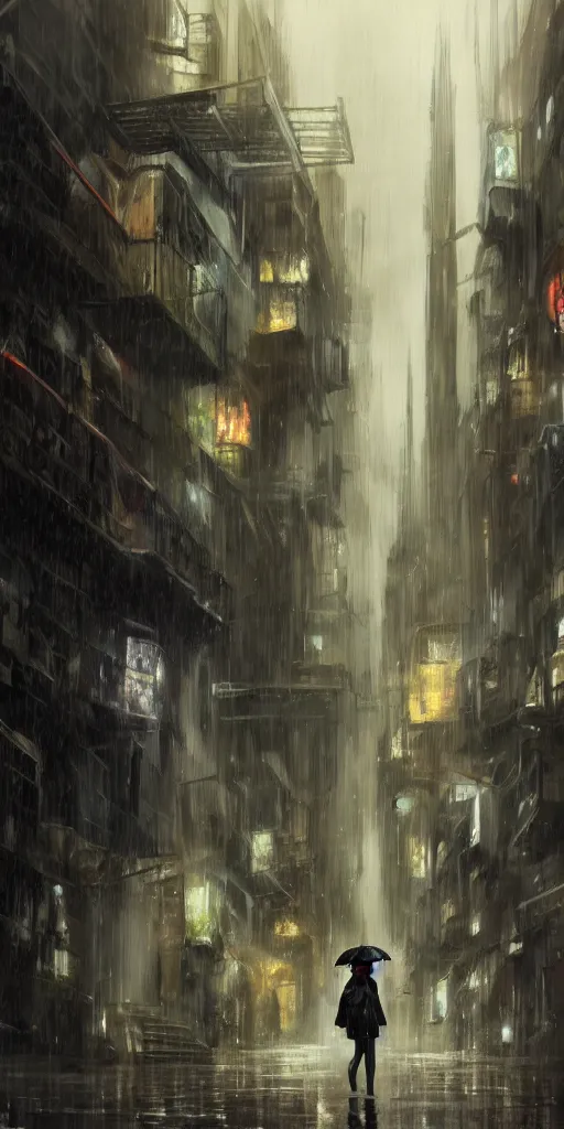 Image similar to a concept art landscape of a woman in the foreground, back to camera, standing in a claustrophobic alley of seedy futuristic city, standing in the rain with an umbrella, wet, emphasis on tall buildings, dirty, low angle