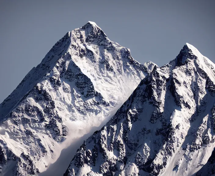 Image similar to 4 k hd, high detail photograph of mount k 2, shot with sigma f / 4. 2, 2 5 0 mm sharp lens, wide shot, consistent, volumetric lighting, high level texture render