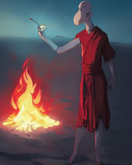 Image similar to squidward wearing fire nation clothing and practicing firebending outside at susnset, [ [ [ [ [ [ [ [ greg rutkowski ] ] ] ] ] ] ] ]