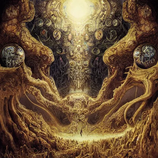 Image similar to muscular eldritch radiating town fractal shimmering phantasm, by h. r. giger and esao andrews and maria sibylla merian eugene delacroix, gustave dore, thomas moran, pop art, chiaroscuro, biopunk, art nouveau