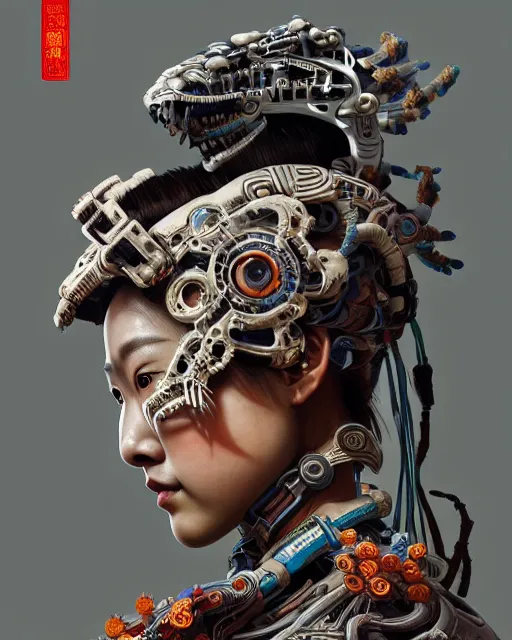 Image similar to portrait of a machine from horizon zero dawn, machine face, upper body, decorated with chinese opera motifs, asian, traditional chinese art, intricate, elegant, highly detailed, digital painting, artstation, concept art, smooth, sharp focus, illustration, art by artgerm and greg rutkowski and alphonse mucha, 8 k