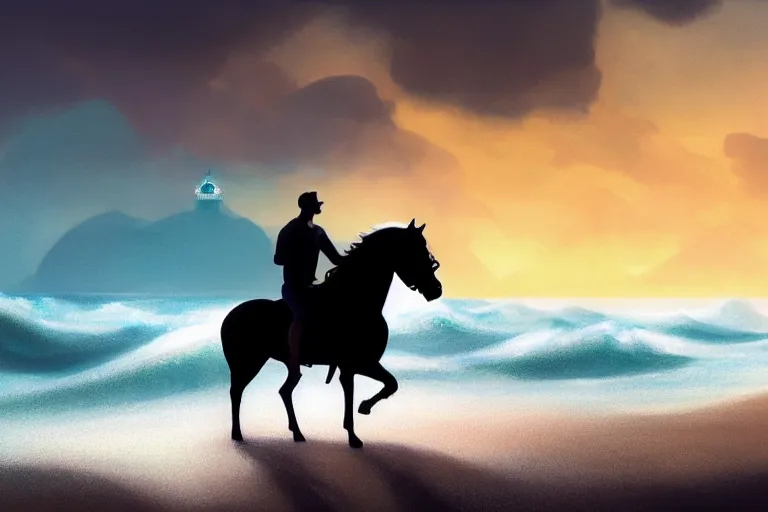 Image similar to photo of man riding a horse along the beach, glowing underwater waves toward a lighthouse in the distance guiding his way, silhouette, wide horizon, large white clouds, night, intricate, elegant, highly detailed, digital painting, artstation, concept art, smooth, sharp focus, illustration, art by artgerm and greg rutkowski and fra angelico