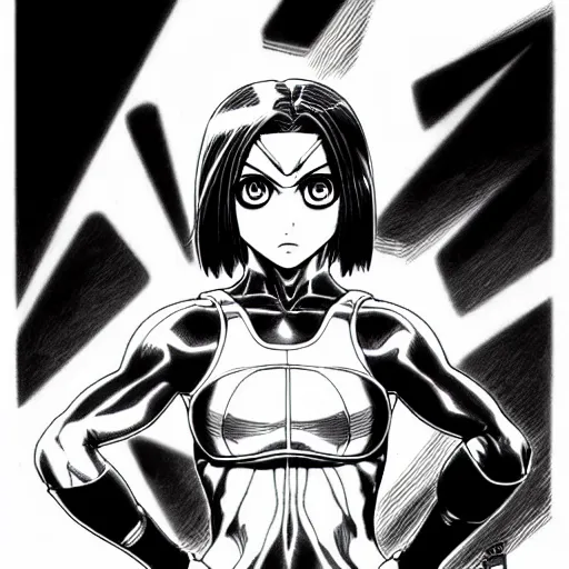 Image similar to alita by yukito kishiro. medium shot. black and white manga. pencil drawing.