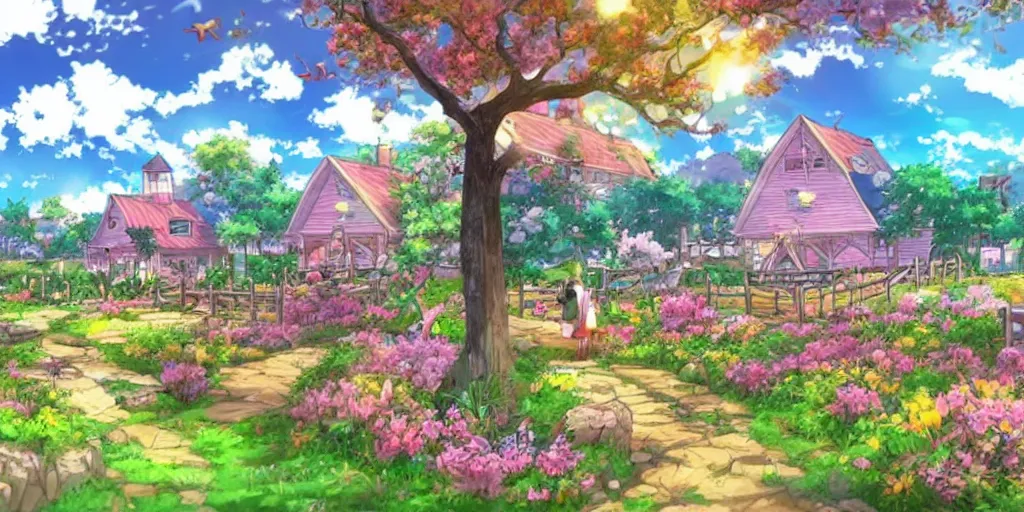 Image similar to a beautiful fantasy farm, anime style, cheerful and peaceful mood
