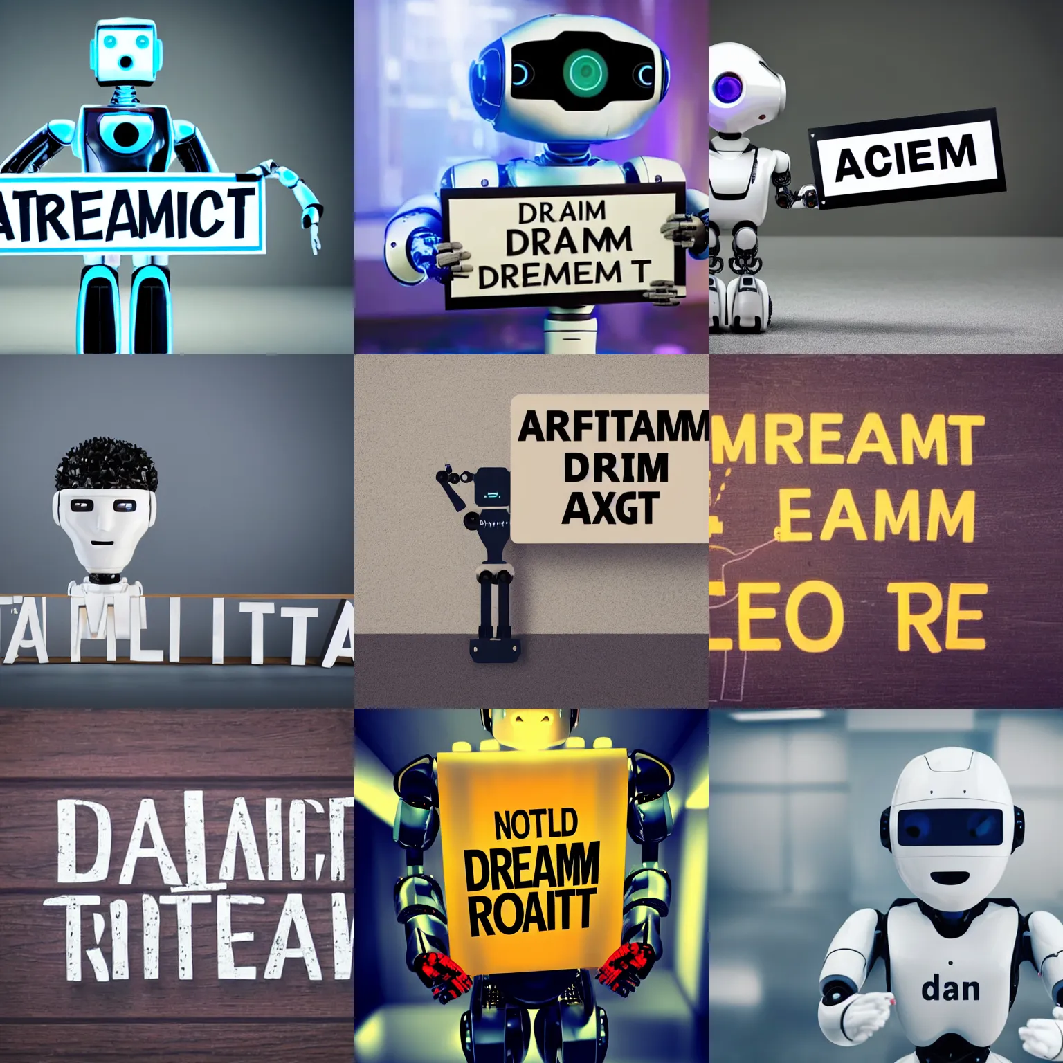 Image similar to artificial intelligence robot holding a sign with text that reads : dream