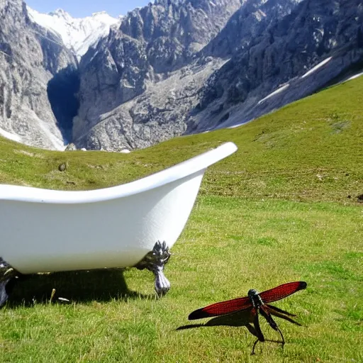 Image similar to dragonfly in a bathtub in the alps, big goat!!!!!!! goats!!!! in the background