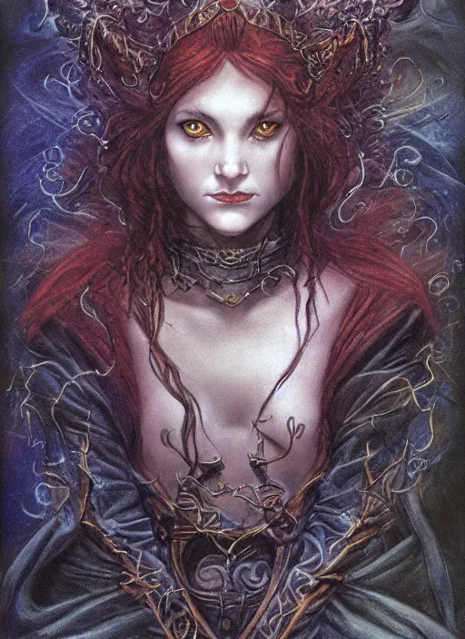 Image similar to portrait of young female sorceress of the endtimes, beautiful! coherent! dungeons and dragons character, by brian froud, strong line, night color, high contrast