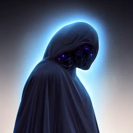 Image similar to award - winning. trending on artstation. 4 k. a faceless astral figure wearing a hooded cape made of the night sky with 1 dark blue glowing eye on its face and rows of teeth on its chest. full - body.