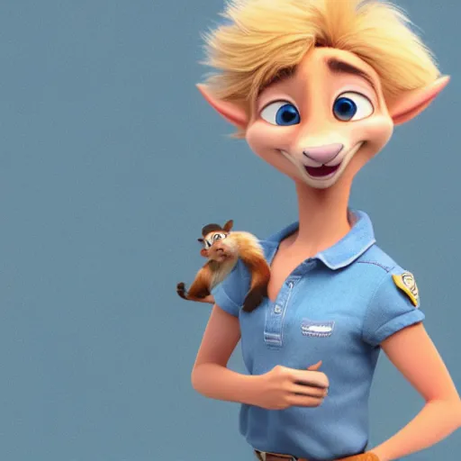 Image similar to 3 d render, portrait, mid shot, disney prince as a anthropomorphic mouse, female, blond fur, blue eyes, wearing denim short shorts, wearing a off yellow tank top shirt, solo, in the style of zootopia