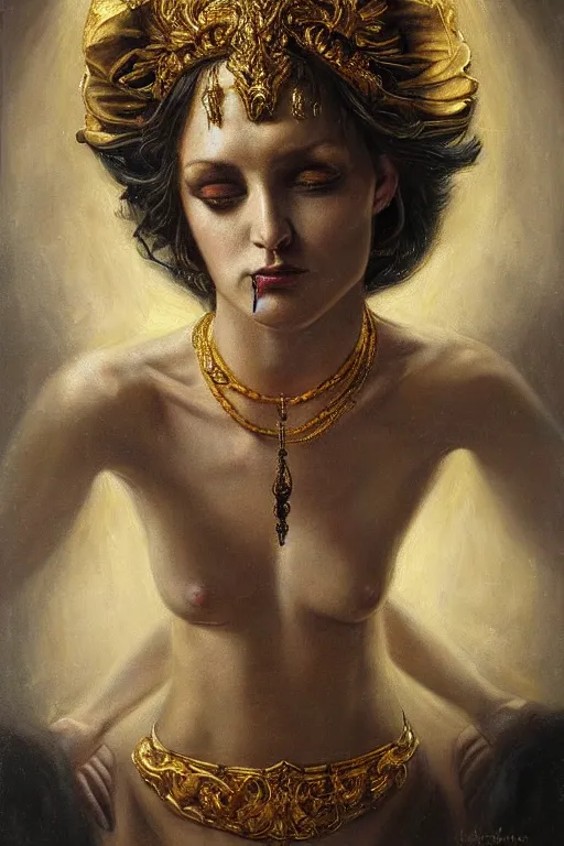 Prompt: hyper realistic painting portrait of riae, occult diagram, elaborate details, detailed face, intrincate ornaments, gold decoration, occult art, oil painting, art noveau, in the style of roberto ferri, gustav moreau, david kassan, bussiere, saturno butto, boris vallejo