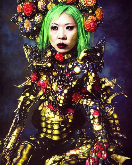 Image similar to portrait of a skinny punk goth yayoi kusama wearing armor by simon bisley, john blance, frank frazetta, fantasy, thief warrior, floral flowers colorful