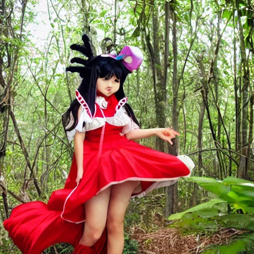 Image similar to a wlop of reimu in the jungle wearing bonnet