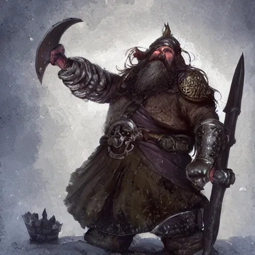 Image similar to a beautiful ultradetailed portrait of a dwarf king with a great beard! large double sided axe in his hand, with a round shield in his other hand, by greg rutkowski, karol bak and peter mohrbacher, volumetric lighting, magical realism, dark, dwarf king