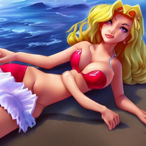 Image similar to beautiful princess peach in a bikini on the beach drawn by artgerm