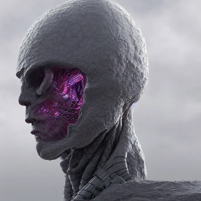 Prompt: a portrait of a character in a scenic environment by wayne barlowe and nihei tsutomu, close up shot, dreamy hazy, biological armor, highly detailed, 3 d render, vray, octane, realistic lighting