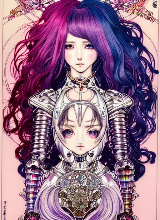 Image similar to highly detailed terada katsuya ayami kojima atrstation manga poster of princess mechine, rainbow gradient reflection, cute face by artgerm, long hair, armor, dress, laces, ruffles, 8 k, maximalist,, jump comics, tomer hanuka, alphonse mucha