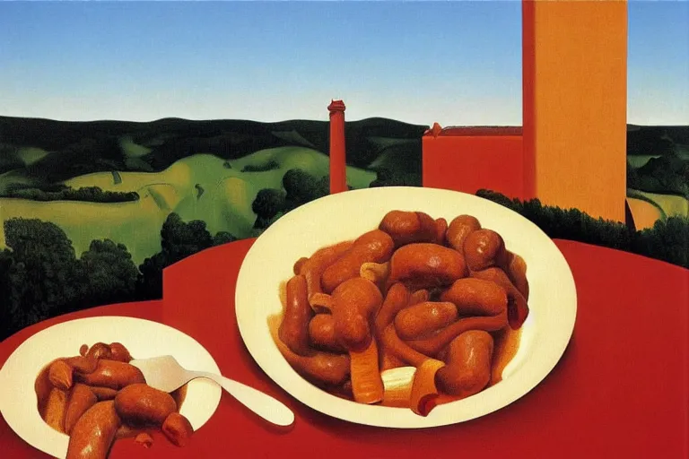 Prompt: sausage and goulash, by magritte and de chirico, surreal oil painting, hyper detailed, masterpiece 4 k