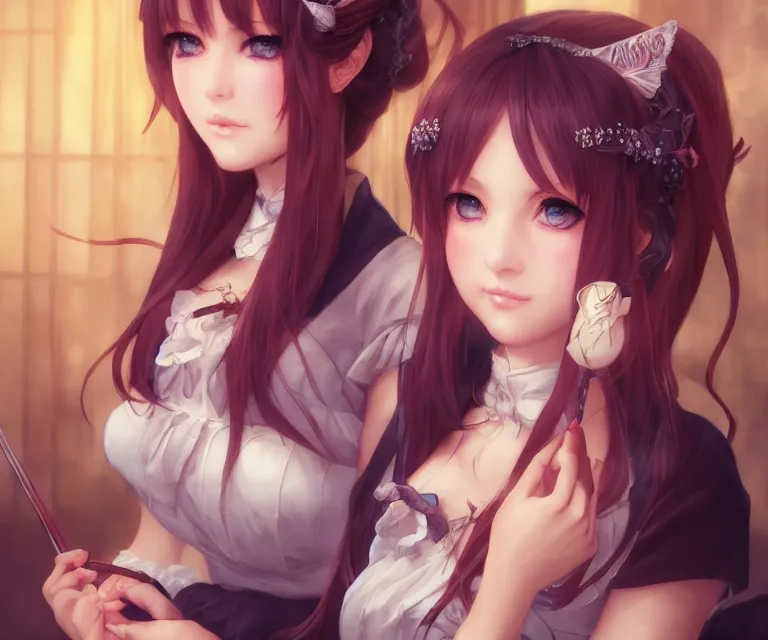 Prompt: maid cafe in akihabara by charlie bowater and titian and artgerm, intricate, face, symmetrical eyes, japanese akihabara cafe, elegant, beautiful, highly detailed, dramatic lighting, sharp focus, trending on artstation, artstationhd, artstationhq, unreal engine, 4 k, 8 k