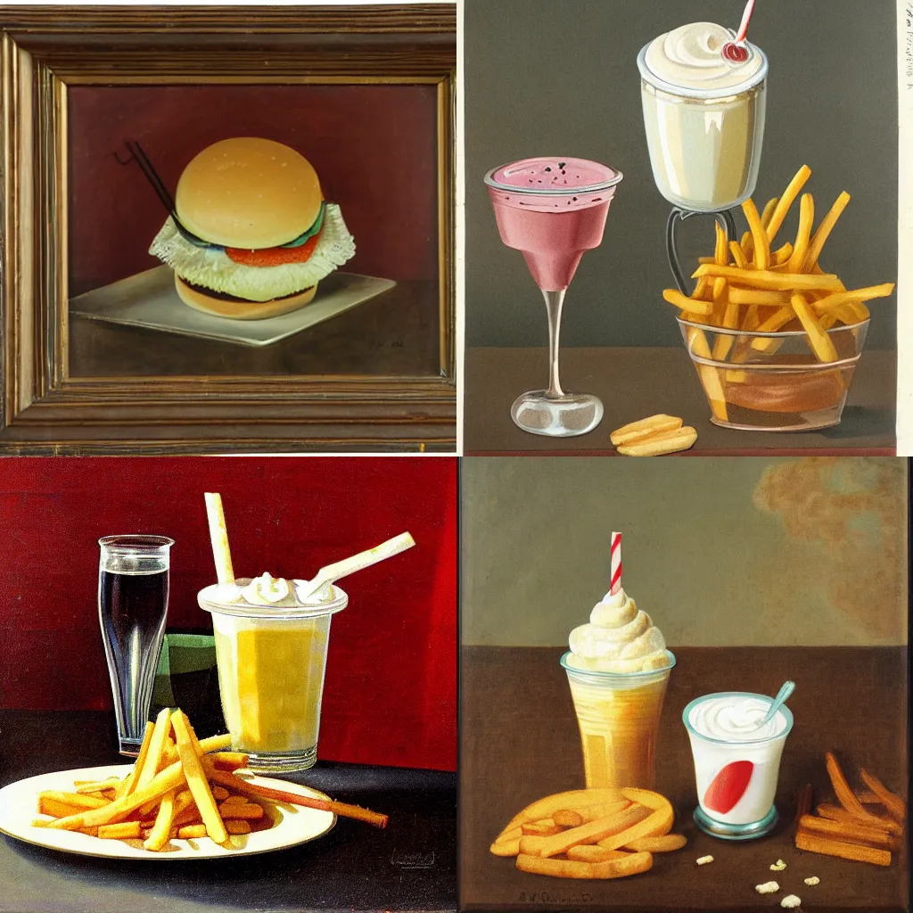 Prompt: An old Dutch still painting of a milkshake, hamburger and fries