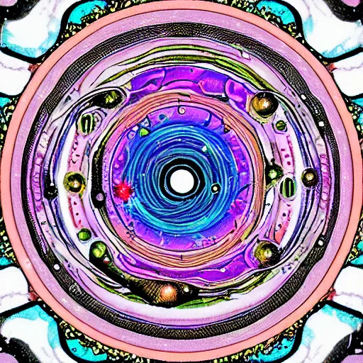 Image similar to rick and morty style mandala flowing through an effervescent universe creating arcine galaxies with light