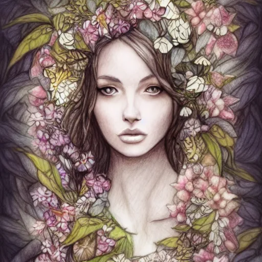 Image similar to a drawing of a beautiful woman clothed in flowers and leaves standing in an enchanted forest, high fantasy, elegant, epic, detailed, intricate, pencil and watercolor, concept art, realistic detailed face, smooth, focus, rim light,