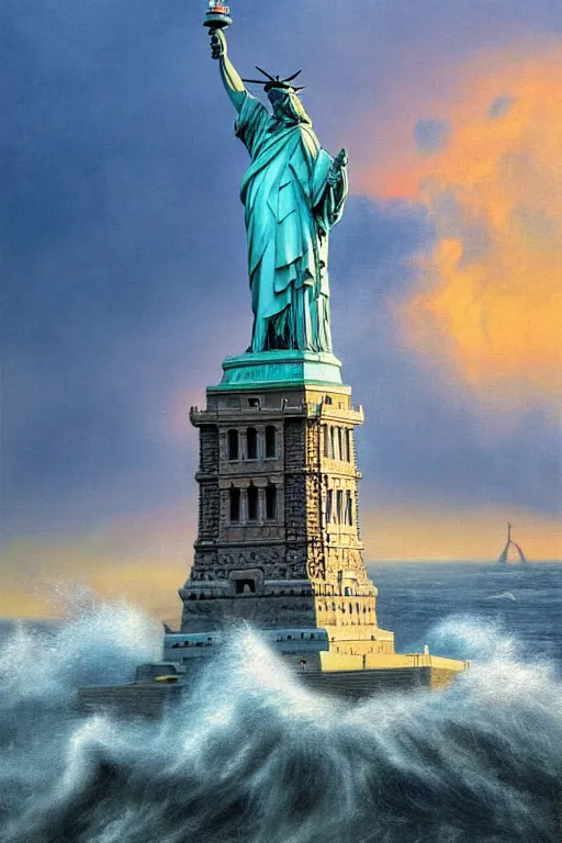 Image similar to the largest ocean wave in the world is about to hit the statue of liberty, oil on canvas, intricate, 8 k highly professionally detailed, hdr, cgsociety