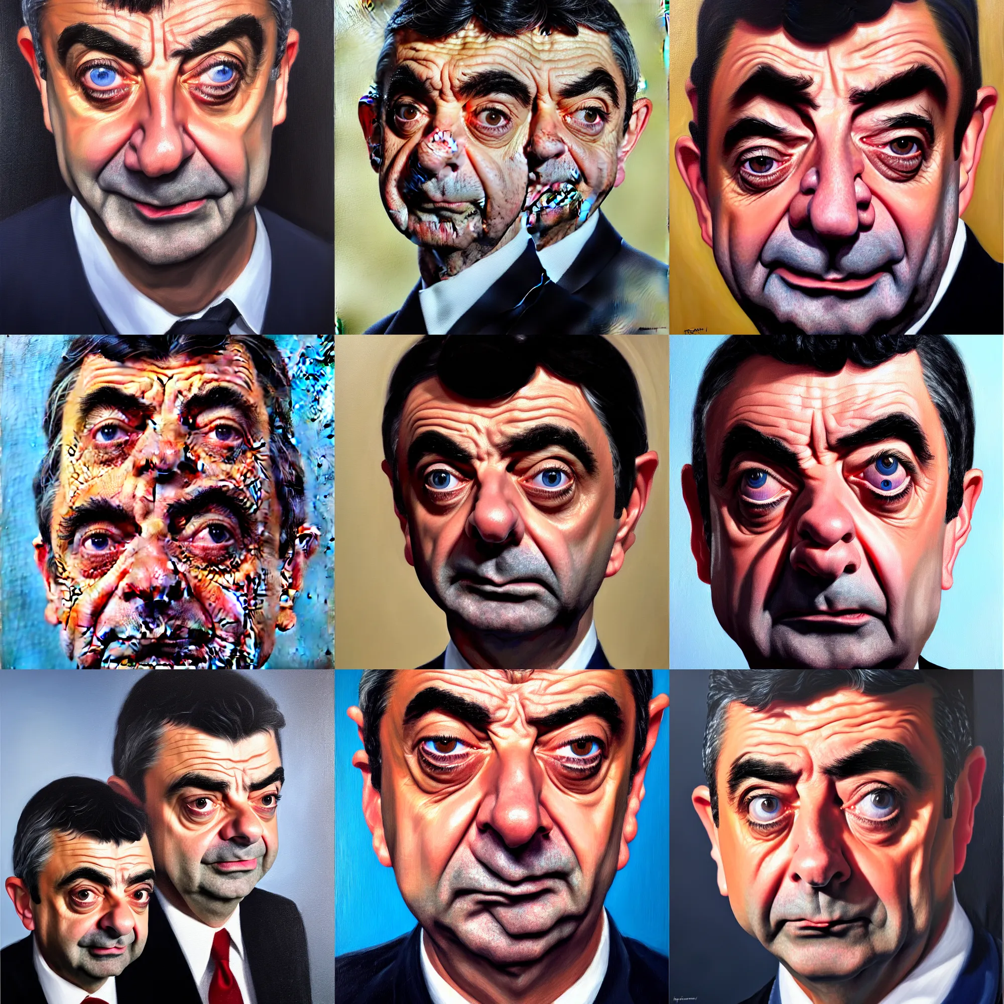 Prompt: hyperrealistic portrait of rowan atkinson, face, award winning lighting and composition, oil painting