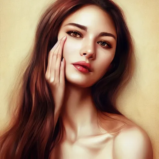 Image similar to a mouth a bit open, two eyes half closed, half a smile on her soul, a beautiful portrait on the wall. by artgerm and Alina Ivanchenko