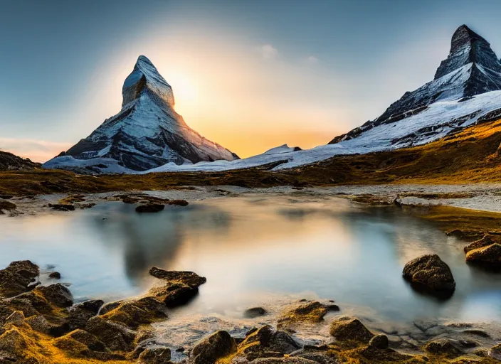 Image similar to photograph of the matterhorn, morning light, landscape photography, award winning, canon, soft lighting, sony, nikon, 4 k, hd