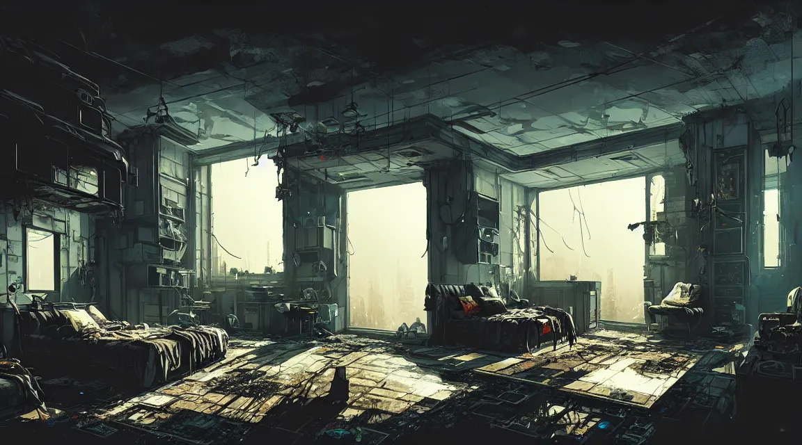 Image similar to post apocalyptic bedroom interior, apartment interior, human silhouettes, furniture, interior decoration, by pascal blanche, neil blevins, trending on artstation, photorealistic, hyper detailed, hyper realistic, cyberpunk