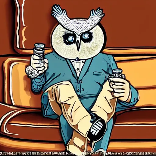 Prompt: an owl man sitting on a couch smoking a pipe, realistic masterpiece