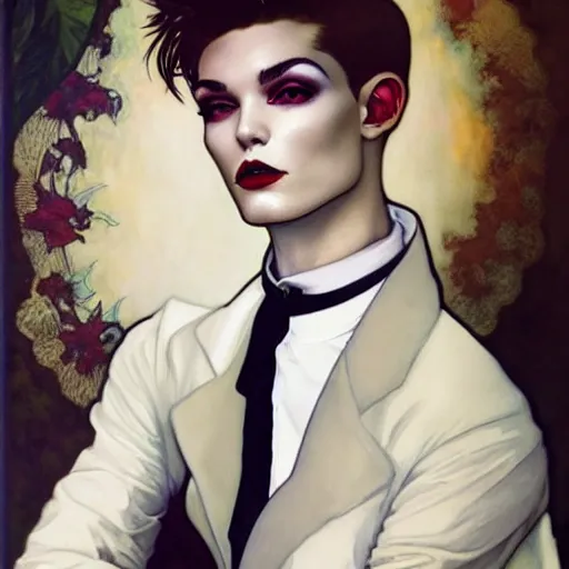 Image similar to beautiful portrait of androgynous ruby rose as desire from sandman in a white tuxedo!!!, rockabilly style,, by alphonse mucha, by jeremy mann, by peter lindbergh, cedric peyravernay, by frank moth, white suit and black tie, soft lightning, high detailed, 8 k