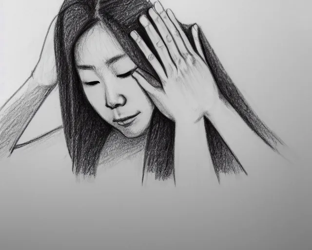 Image similar to draft drawing of a woman covering her face with her hands, a sketch by choro choi, thin stroke, trending on artstation, context art, pencil sketch, high detail, kinetic