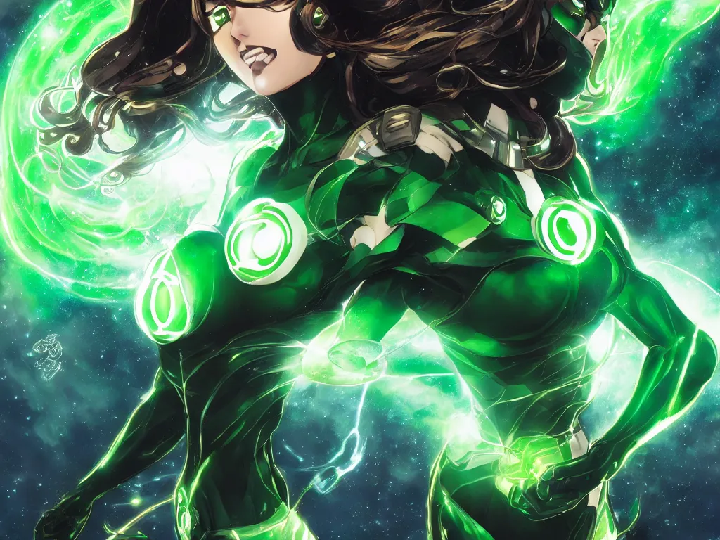 Image similar to anime key visual of one beautiful female green lantern, dc comics, power, hope, glowing, intricate, in space, stunning, highly detailed, digital painting, artstation, smooth, hard focus, illustration, art by artgerm and greg rutkowski and alphonse mucha