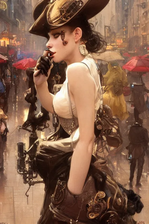 Prompt: beautiful portrait of an attractive white female anthro wolf smoking a cigarette in a bustling crowd of a rainy city street, steampunk, female fursona, 4 k, trending on artstation, by gaston bussiere, craig mullins, artgerm, greg rutkowski, alphonse mucha