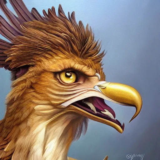 Prompt: a realistic oil painting portrait of a griffon, resembling a winged lion with an eagle head, highly detailed, trending on artstation, by james gurney and michael whelan