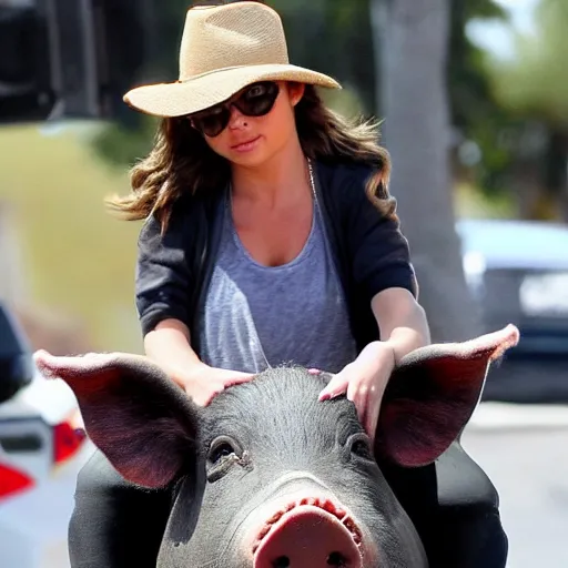 Prompt: sarah hyland riding on the back of a pig in traffic