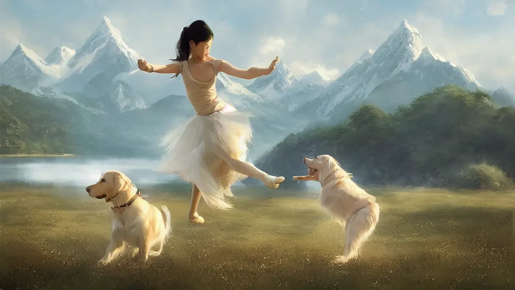 Prompt: “ a asian ballet girl dances with a white golden retriever, besides a small wooden red cottage by the lake, mountains in the background, soft lighting, sunny day, by charlie bowater, by greg rutkowski ”