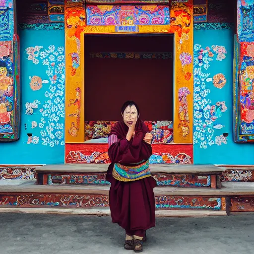 Image similar to Portrait of a seemly prettyish atypical woman in a chocolate-box Tibetan architecture by Erik Jones, trending on Unsplash