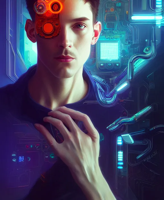 Image similar to a whirlwind inside the metaverse, guy, male, man, hologram, half body, neurochip, android, cyborg, cyberpunk face, by loish, d & d, fantasy, intricate, elegant, highly detailed, colorful, digital painting, artstation, concept art, art by artgerm and greg rutkowski and alphonse mucha