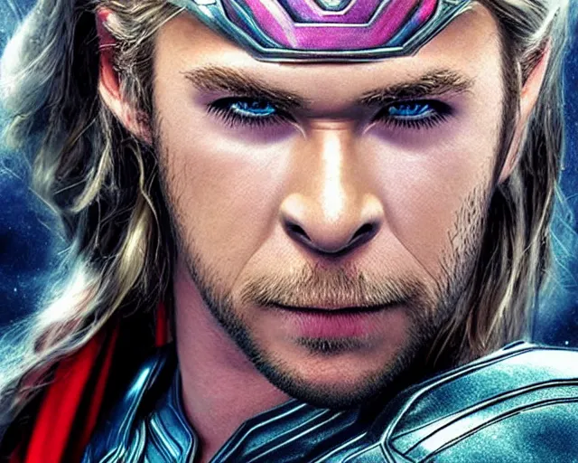 Prompt: chris hemsworth as thor with exaggerated drag queen makeup, digital art, amazing detail, photorealistic