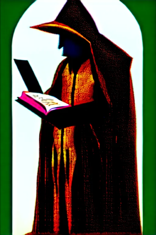 Image similar to cloaked steampunk wizard reading a book, high details, intricately detailed, by vincent di fate, inking, 3 color screen print, masterpiece, trending on artstation,, sharp, details, hyper - detailed, hd, 4 k, 8 k