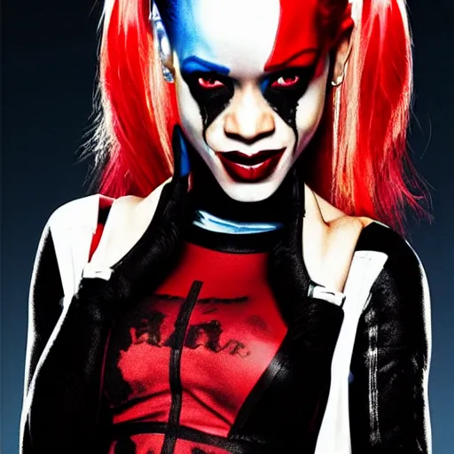 Prompt: (((((((( film still RIHANNA as Arkham Harley Quinn : sassy : 8K UHD : 2023 promotional poster : Harley Quinn movie studio lighting !!!!!!