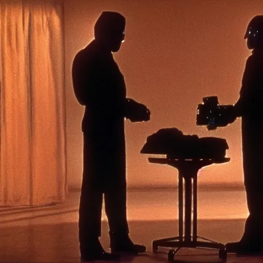 Image similar to movie scene of a man with a robot head, movie still, cinematic composition, cinematic light, criterion collection, reimagined by industrial light and magic, Movie by David Lynch and Ridley Scott and andrzej zulawski