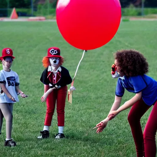 Prompt: Pennywise the clown coaching a girls' little league team.