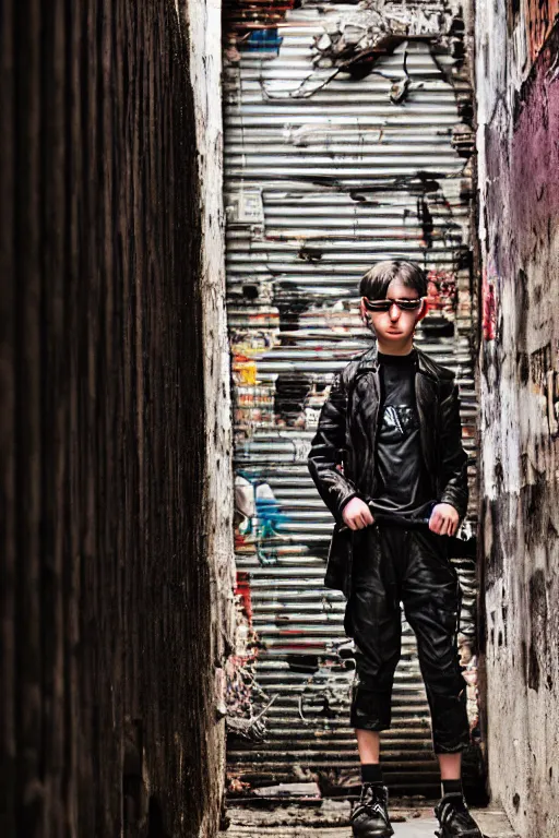 Image similar to photographic portrait of a young cyberpunk in an alleyway, in the style of eric lafforgue, kodak portra, hq