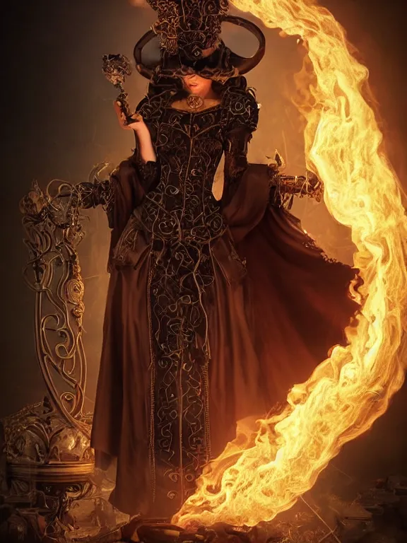 Prompt: evil steampunk pyromancer woman, beautiful face features, ornamental halo, black shirt, brown body, coat, intricate robes, sitting on obsidian throne, fractal fire background, sharp focus, highly detailed, cinematic lighting, studio quality, chiaroscuro, smooth render, unreal engine 5 rendered, octane, rendered, by artgerm, greg rutkowski, alphonse mucha